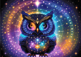 A Diamond Painting Rendering Of A Radiant Owl With Glowing Feathers In Blue, Purple, And Yellow Sits Amid Celestial Symbols And Constellations. Size - 70cm X 50cm