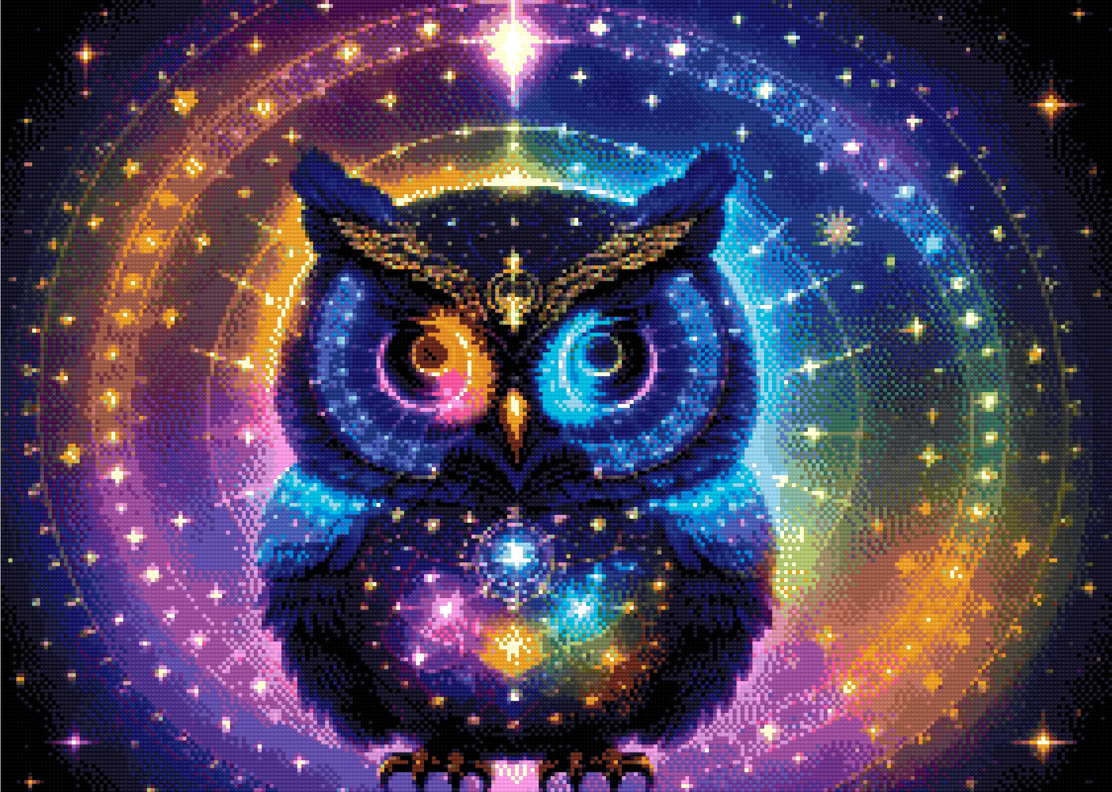 A Diamond Painting Rendering Of A Radiant Owl With Glowing Feathers In Blue, Purple, And Yellow Sits Amid Celestial Symbols And Constellations. Size - 70cm X 50cm