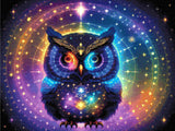 A Diamond Painting Rendering Of A Radiant Owl With Glowing Feathers In Blue, Purple, And Yellow Sits Amid Celestial Symbols And Constellations. Size - 80cm X 60cm