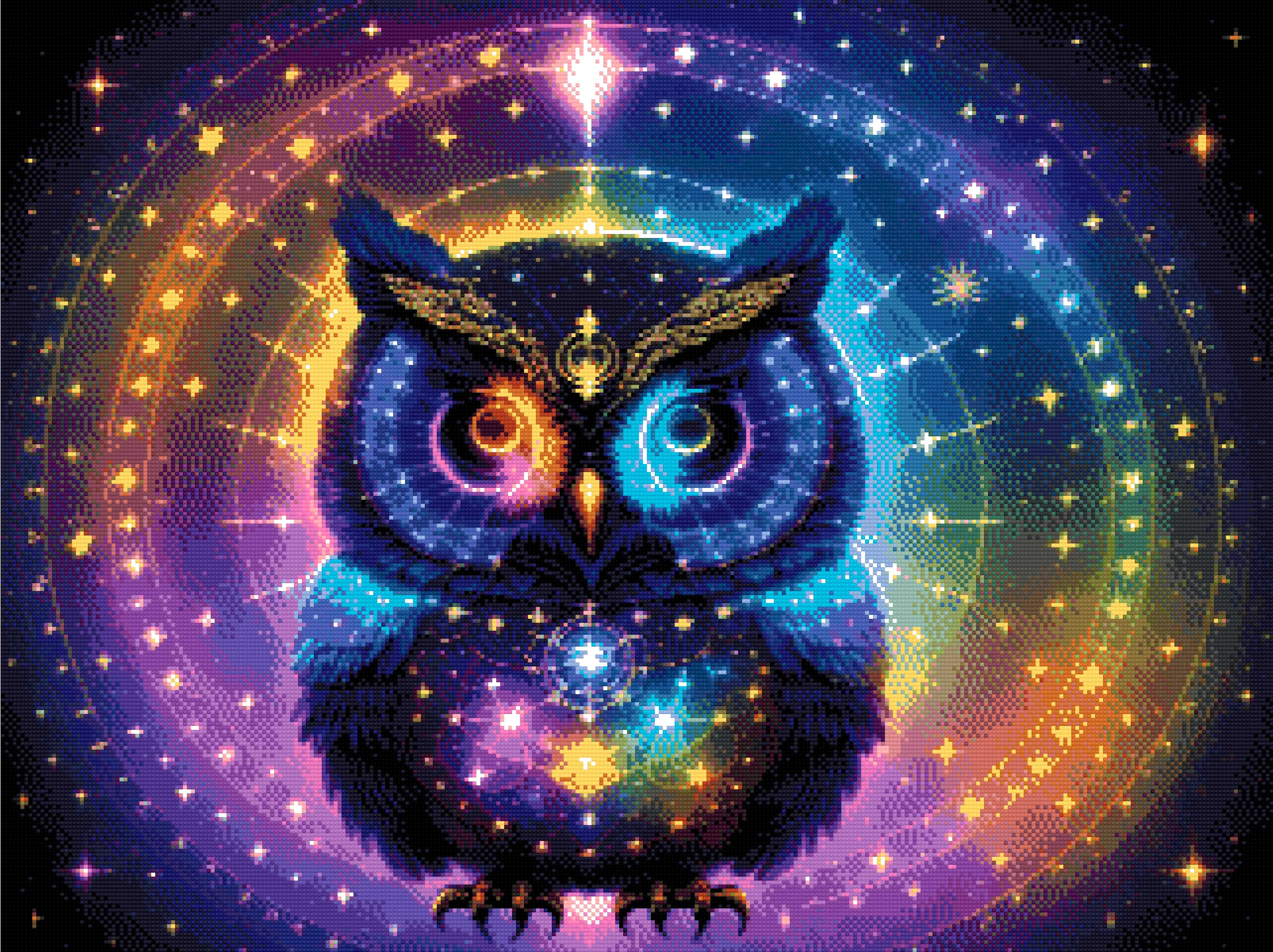 A Diamond Painting Rendering Of A Radiant Owl With Glowing Feathers In Blue, Purple, And Yellow Sits Amid Celestial Symbols And Constellations. Size - 80cm X 60cm