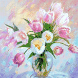 A Diamond Painting Rendering Of Vase Of Pink And White Tulips On A Soft Pastel Background, Evoking A Serene, Spring Morning.. Size - 40cm X 40cm