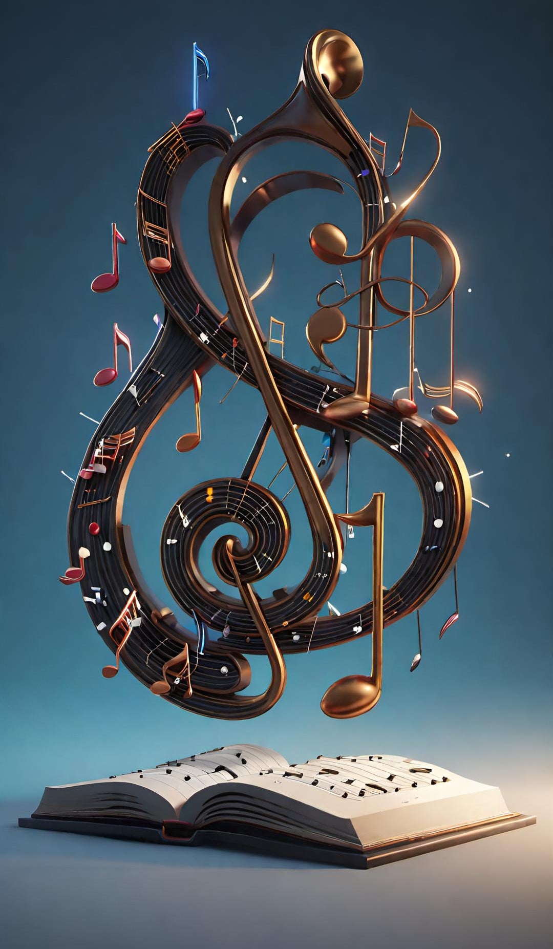 A golden treble clef and musical notes spiral above an open music book against a blue backdrop.