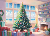 A decorated Christmas tree near a window overlooking a sunny beach, with gifts and a fireplace creating a festive atmosphere.