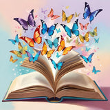 Open book with colourful butterflies flying out against a pastel background, symbolizing imagination and creativity.