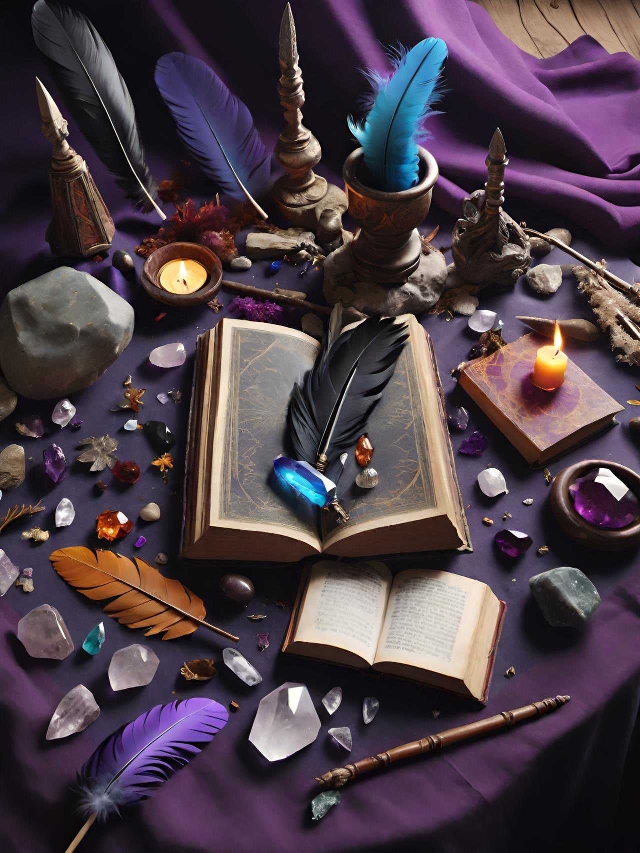 An arrangement of magical objects including a book, crystals, feathers, and candles on a purple cloth.