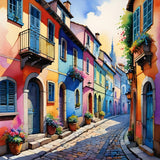 colourful, vibrant street with pastel-coloured houses and flowering plants.