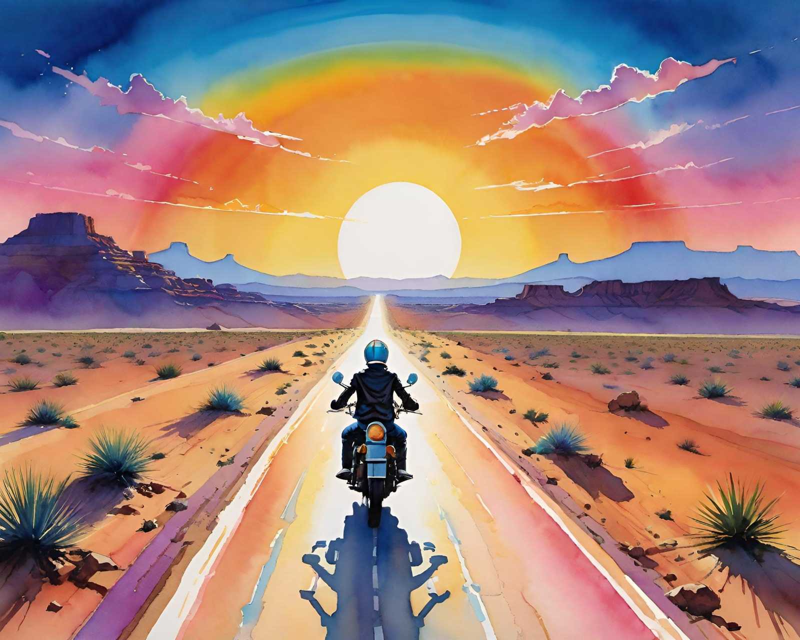 A motorcyclist rides down a long road through a desert at sunset, with a vibrant sky of pink, orange, and blue hues.