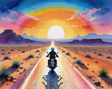 A motorcyclist rides down a long road through a desert at sunset, with a vibrant sky of pink, orange, and blue hues.