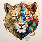 A lion's face split into two halves, one side in earthy tones and the other in vibrant colours, resembling stained glass.