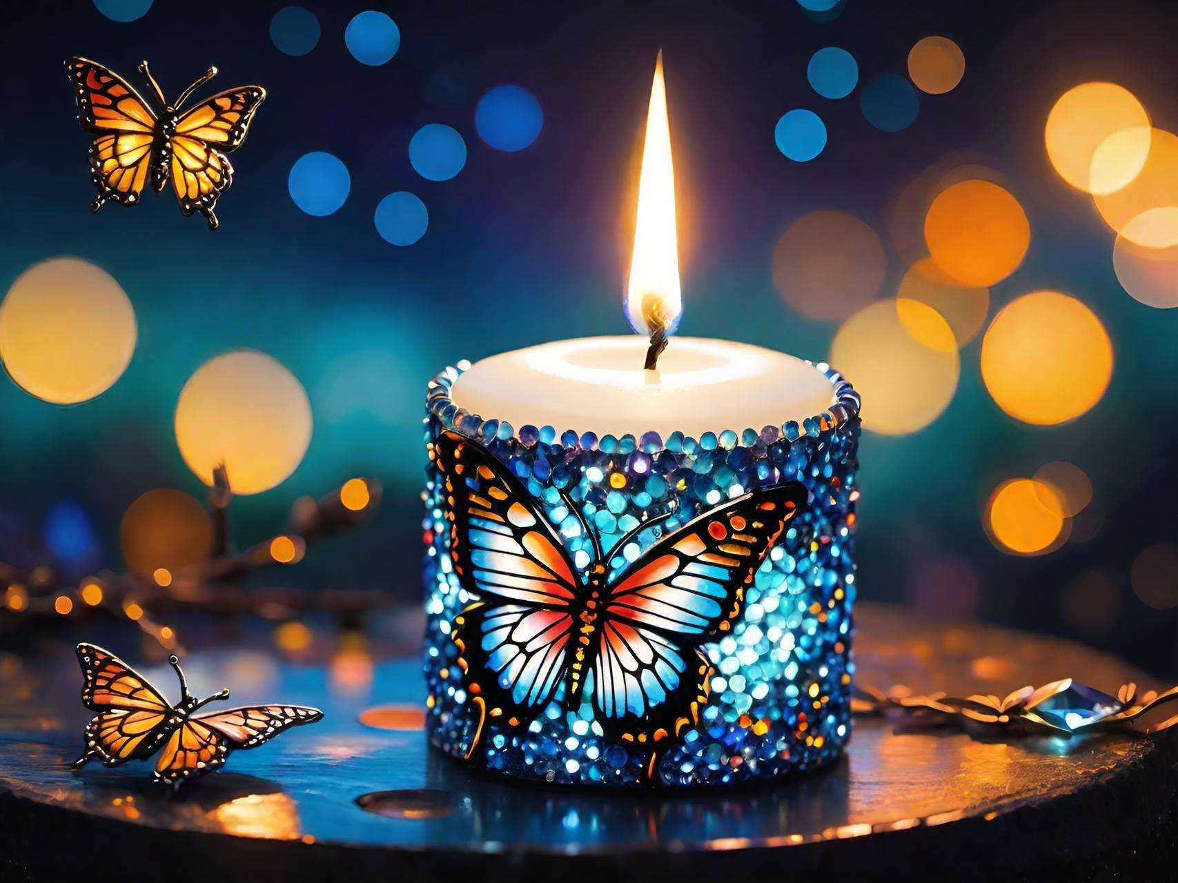 A candle adorned with blue and purple gems featuring butterfly designs illuminates a twilight scene with fluttering butterflies.