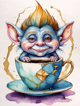 Blue-skinned goblin creature with spiky hair sitting inside a Kintsugi-style repaired teacup, smiling playfully.