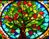 Stained glass window depicting a tree with green leaves and red fruits, set against a colourful blue and amber background.