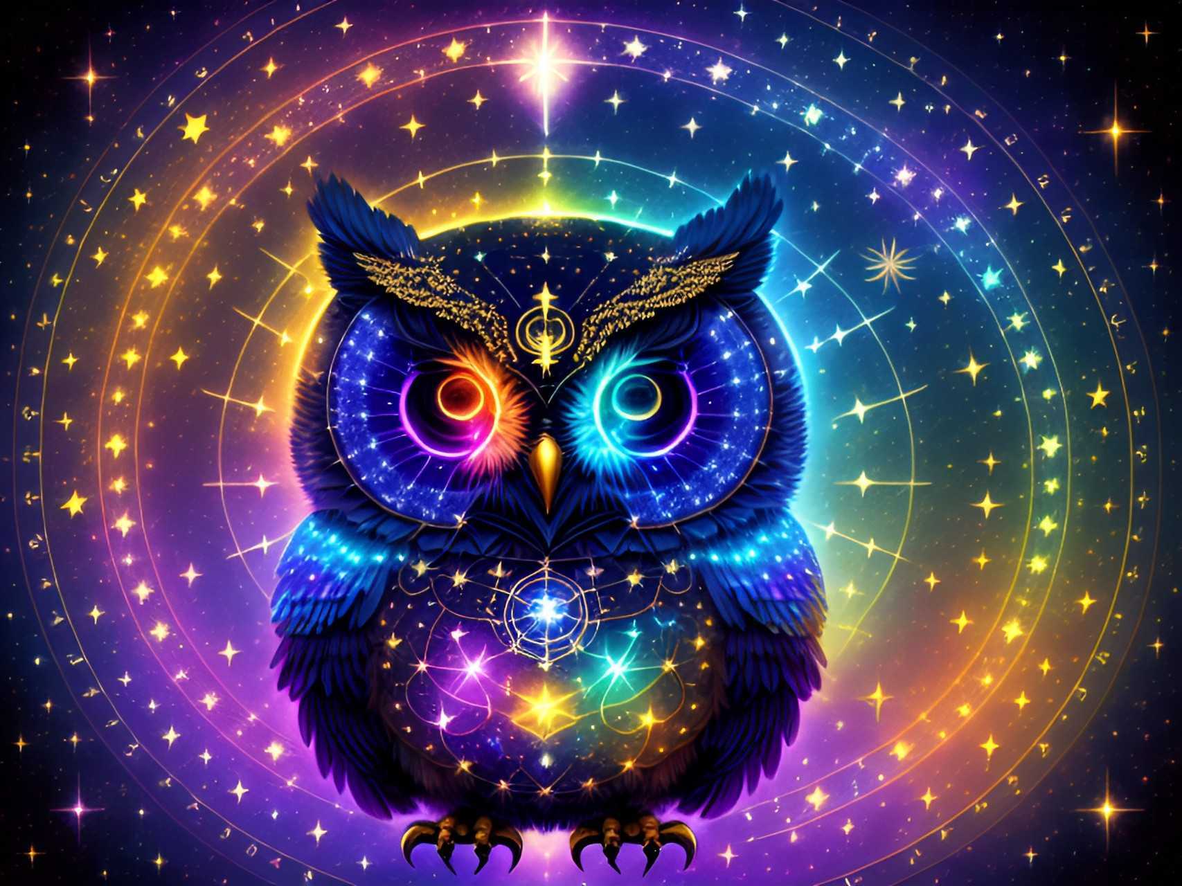 A radiant owl with glowing feathers in blue, purple, and yellow sits amid celestial symbols and constellations.