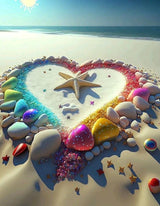 colourful stone heart with a starfish inside on a beach.