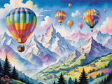 colourful hot air balloons floating over a mountain landscape with snow-capped peaks and green rolling hills.