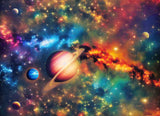 Vibrant image of planets floating through a colourful cosmic sea of nebulas and stars.