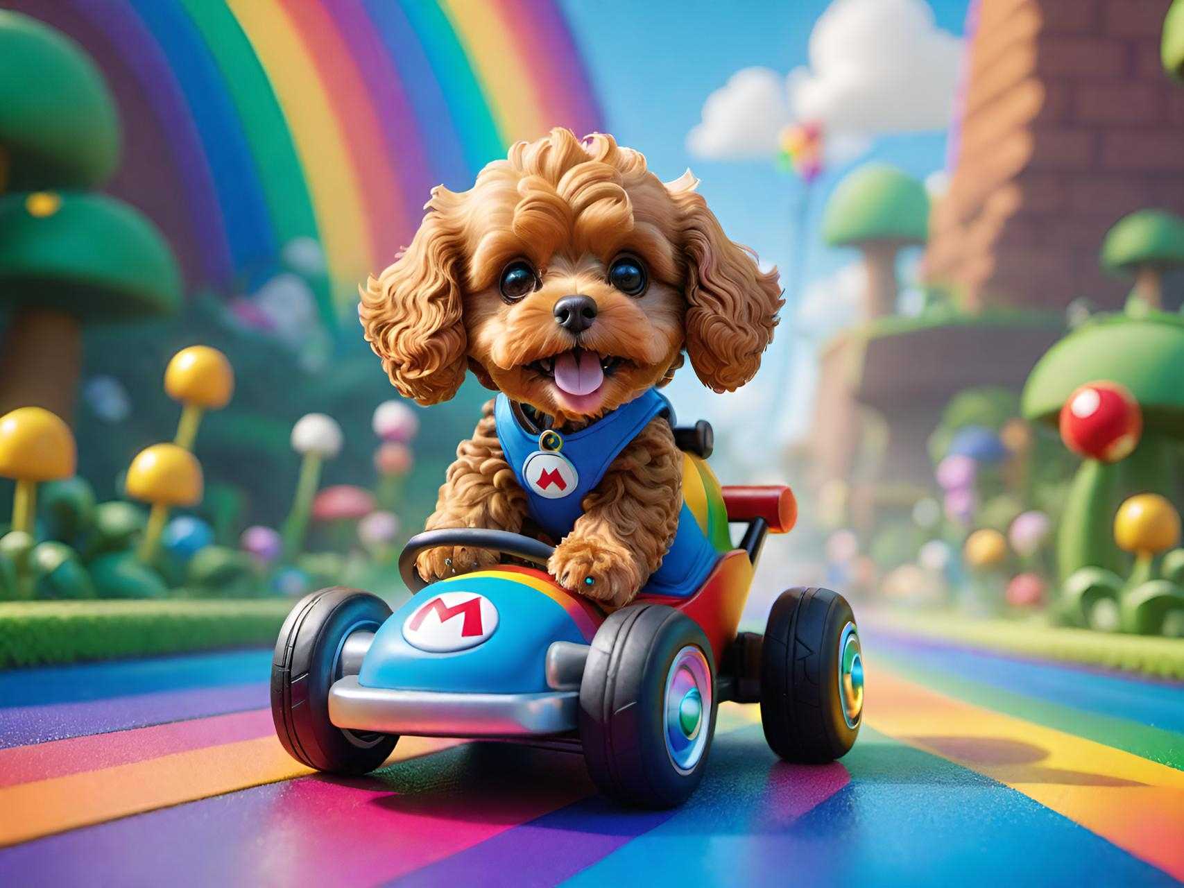 Cute dog driving a cartoon go-kart on a rainbow road in a colourful fantasy world with mushrooms and clouds.