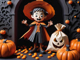 Child dressed as a vampire with pumpkins and a jack-o'-lantern candy bag, surrounded by candy and Halloween decor.