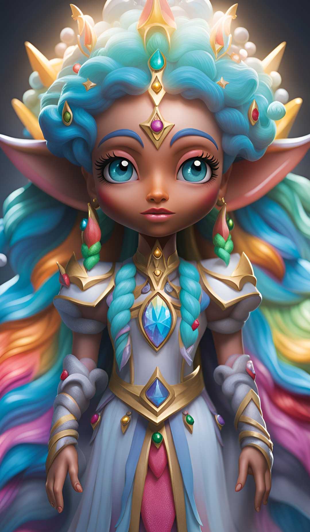 A regal elf princess with vibrant pastel hair and a jeweled dress stands in a magical realm, exuding grace and power.