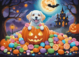 A happy puppy sits inside a carved pumpkin surrounded by colourful candies, with a spooky house and full moon in the background.