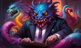 Fantastical beast in a suit at a desk, surrounded by a dragon, serpent, and tentacle in a mystical setting.