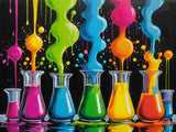 Glass beakers overflow with bright neon liquids in various colours, creating a vibrant and playful display of colours.