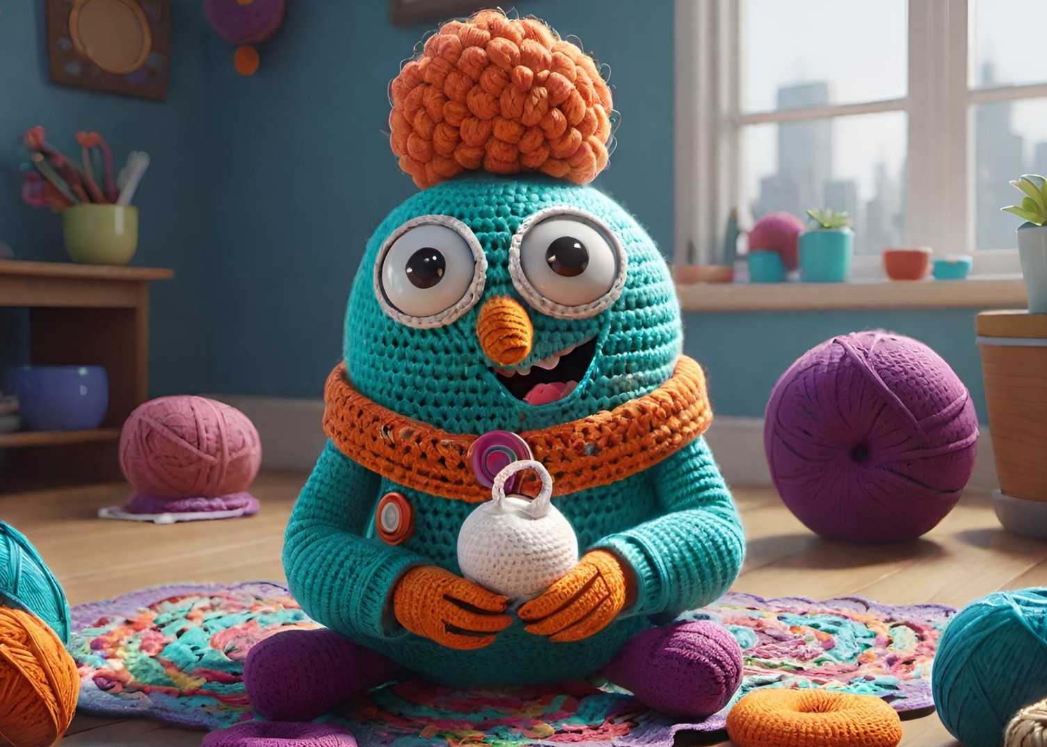 A whimsical crocheted creature with large eyes holds a white crocheted object in a colourful, yarn-filled room.