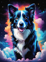 Happy Border Collie with glowing fur floating in a dreamy cosmic sky of stars and colourful clouds.