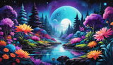 A fantastical moonlit landscape with vibrant giant flowers, a flowing river, and a glowing moon in the background.