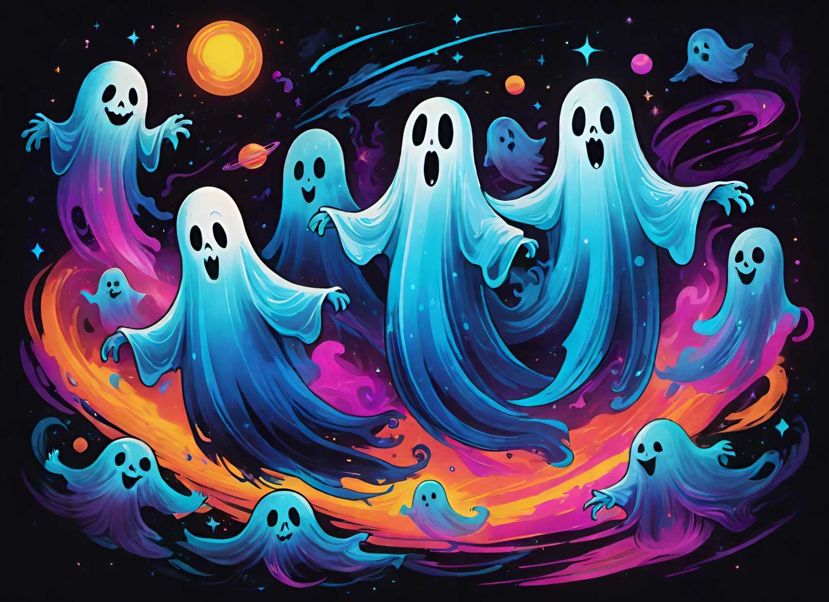 Joyful ghosts floating in a colourful, starry galaxy with swirling hues of blue, purple, and orange.