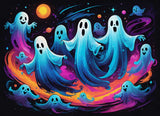 Joyful ghosts floating in a colourful, starry galaxy with swirling hues of blue, purple, and orange.