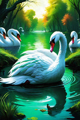 A group of elegant swans float on a tranquil pond surrounded by lush greenery and reflected in the water.