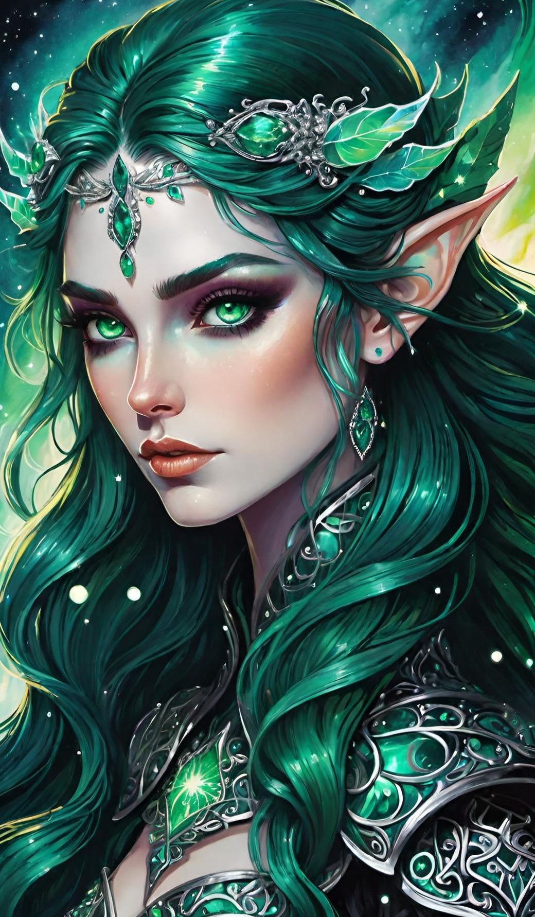 Fantasy portrait of an elf queen with green hair and emerald eyes, adorned in silver.