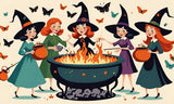 Four cheerful witches in colourful dresses and hats gather around a flaming cauldron, surrounded by butterflies.