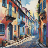 A Diamond Painting Rendering Of Colourful, Vibrant Street With Pastel-coloured Houses And Flowering Plants.. Size - 120cm X 120cm