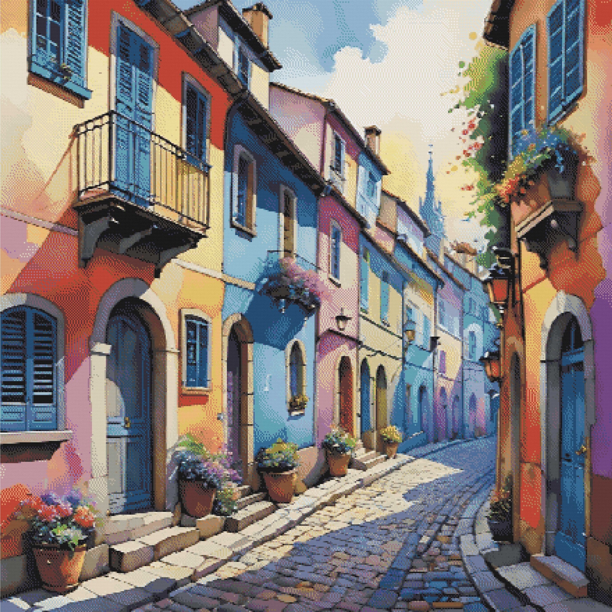 A Diamond Painting Rendering Of Colourful, Vibrant Street With Pastel-coloured Houses And Flowering Plants.. Size - 110cm X 110cm