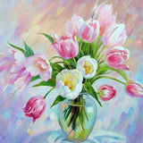 A Diamond Painting Rendering Of Vase Of Pink And White Tulips On A Soft Pastel Background, Evoking A Serene, Spring Morning.. Size - 50cm X 50cm