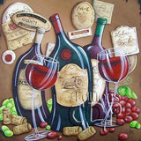 A Diamond Painting Rendering Of Colourful Painting Of Wine Bottles, Glasses With Red Wine, Grapes, And Corks On A Brown Background.. Size - 40cm X 40cm