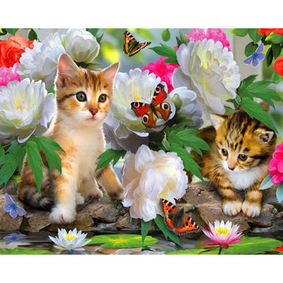 Diamond Painting Kit - Kittens in Flowers - Full Coverage, Square or Round Drill - Multiple Sizes - Poured Glue - Diamond Pixels Australia